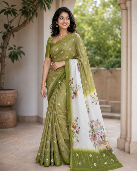 Kota Cotton Hand Painted Saree - Olive Green Color