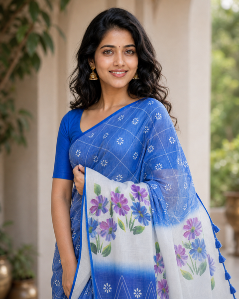 Kota Cotton Hand Painted Saree - Navy Blue Color