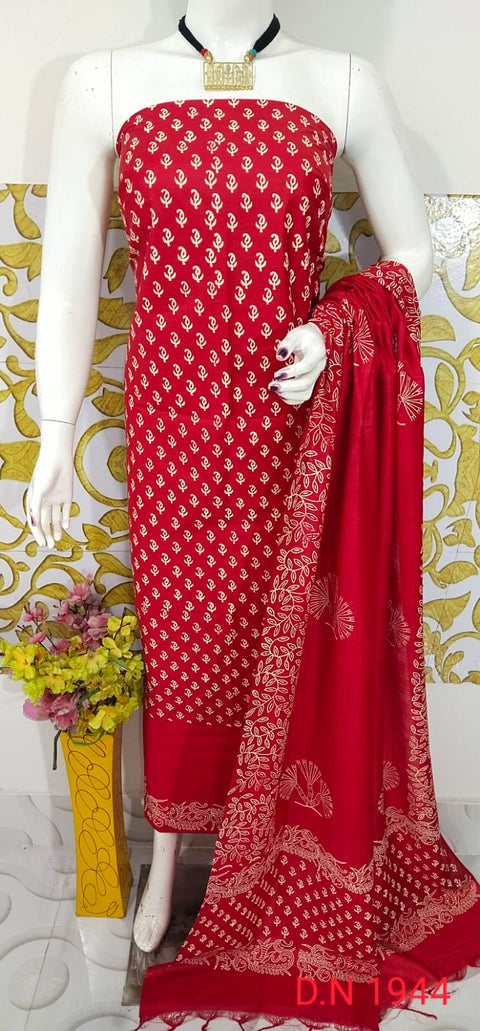 Katan Dress Material With Rubber Print - Red Color