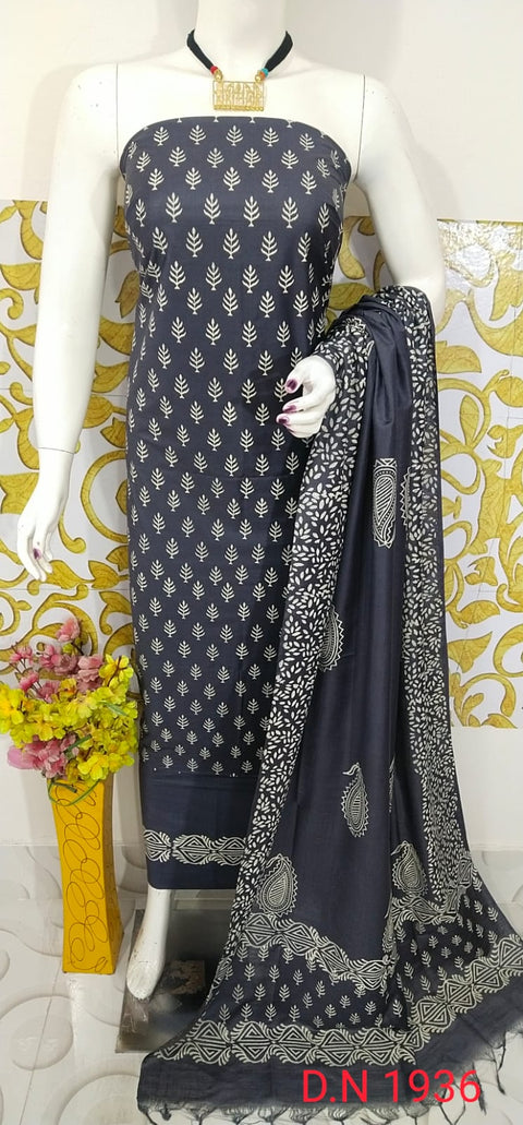 Rubber Printed Katan Staple Silk Dress Piece - Blue Color