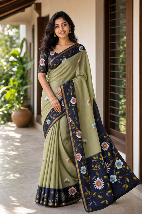 Kota Pure Cotton Painted Saree - Navy Blue & Pista Green Color