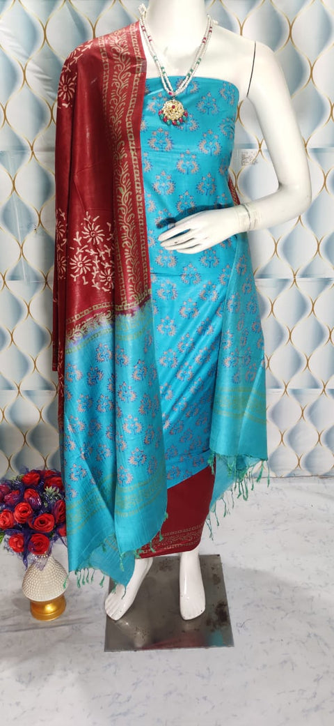 Cotton Silk Blend Dress Material with Printed Design - Sky Blue color