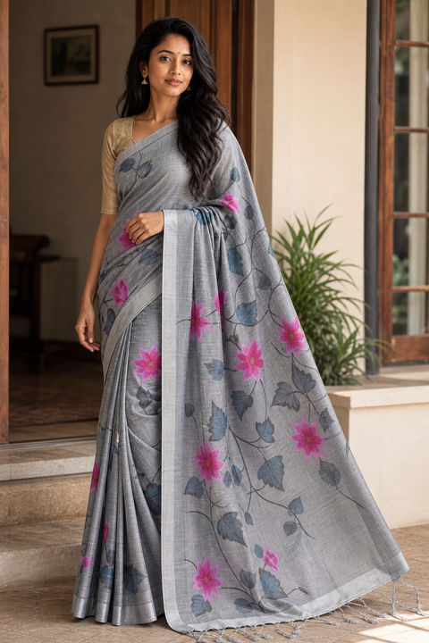 Hand Painted Kota Linen Saree - Grey Color