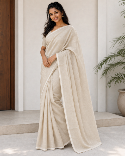 Kota Cotton Plain Saree - Beige Color