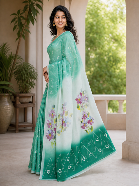 Kota Cotton Hand Painted Saree - Sea Green Color