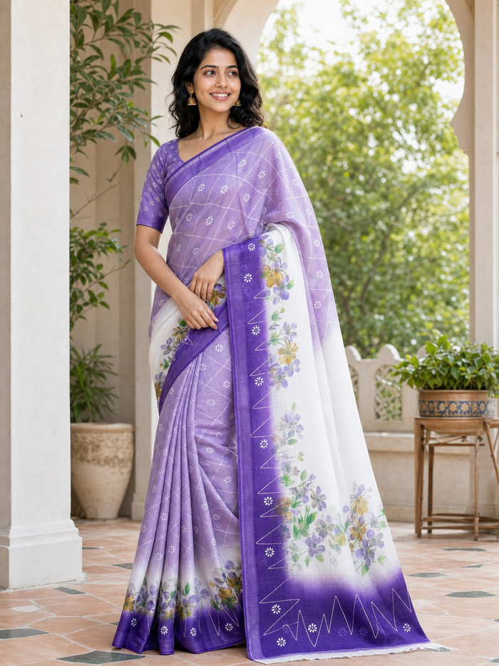 Kota Cotton Hand Painted Saree - Purple Color