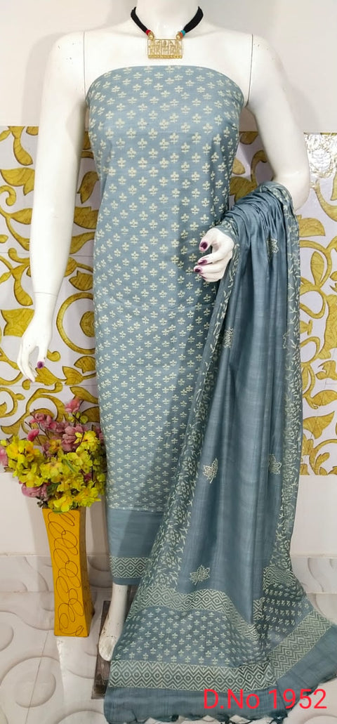 Katan Staple Dress Material with Rubber Print Design - Bluish Grey Color