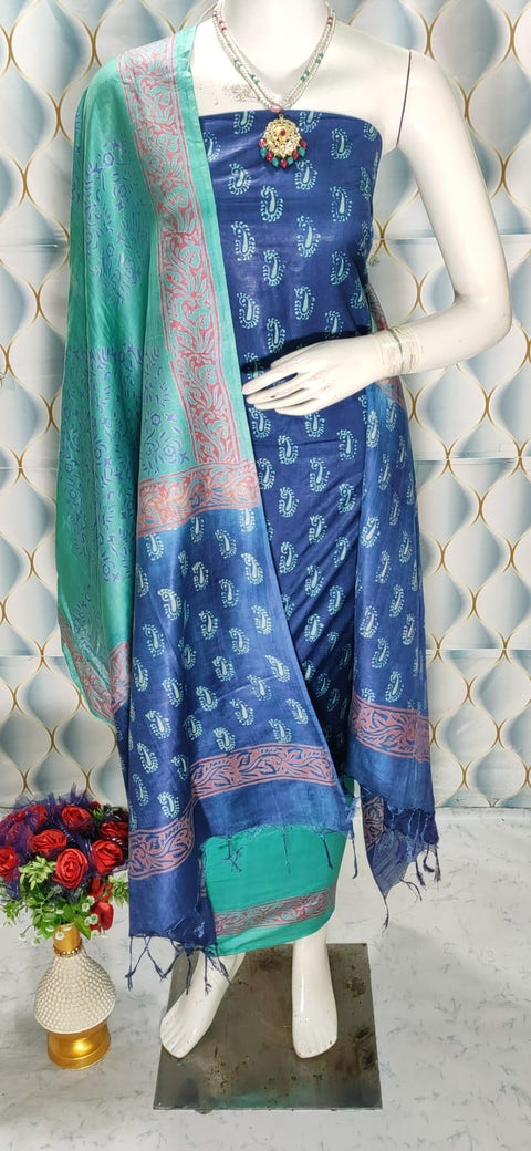 Cotton Silk Blend Dress Material with Printed Design - Dark Blue color
