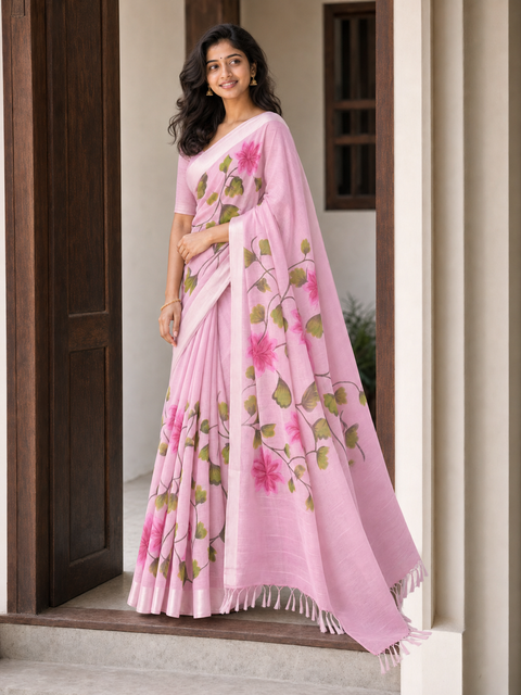 Hand Painted Kota Linen Saree - Pink Color