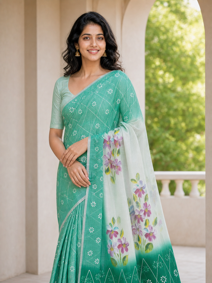 Kota Cotton Hand Painted Saree - Sea Green Color