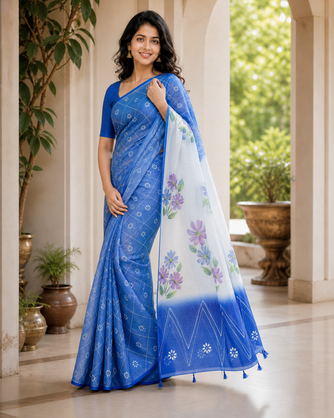 Kota Cotton Hand Painted Saree - Navy Blue Color
