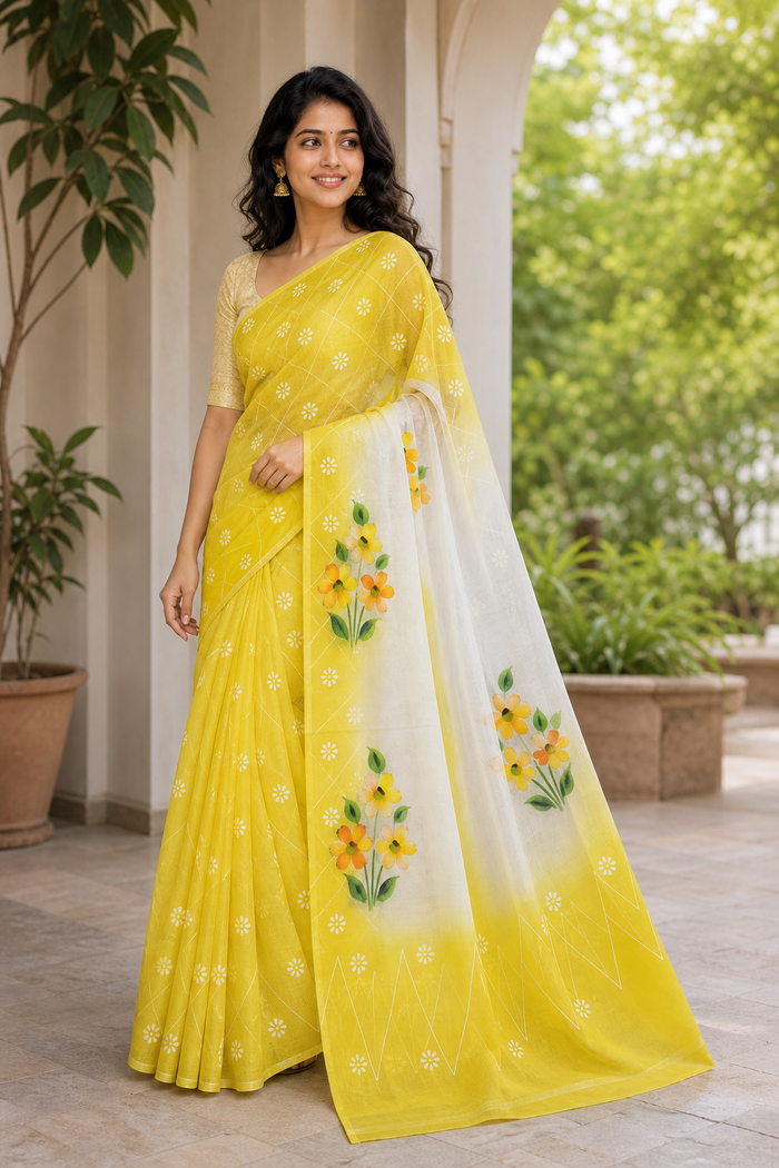 Kota Cotton Hand Painted Saree - Yellow Color