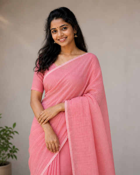 Kota Cotton Plain Saree - Light Peach