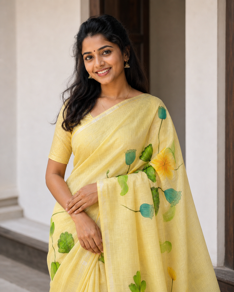 Hand Painted Kota Linen Saree - Yellow Color