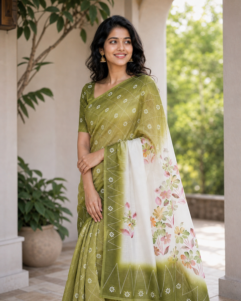 Kota Cotton Hand Painted Saree - Olive Green Color