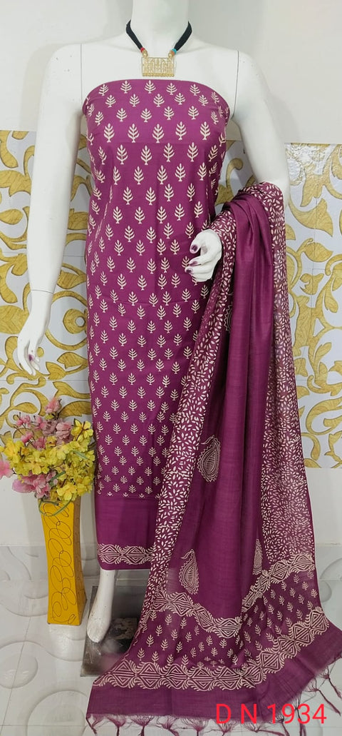 Rubber Printed Katan Staple Silk Dress Piece - Purple Color