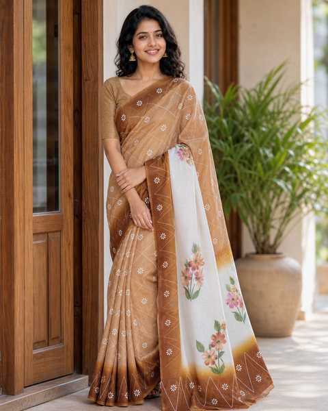 Kota Cotton Hand Painted Saree - Brown Color