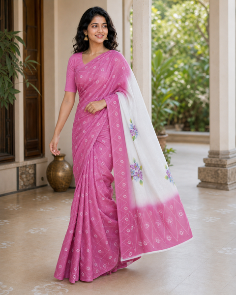Kota Cotton Hand Painted Saree - Pink Color