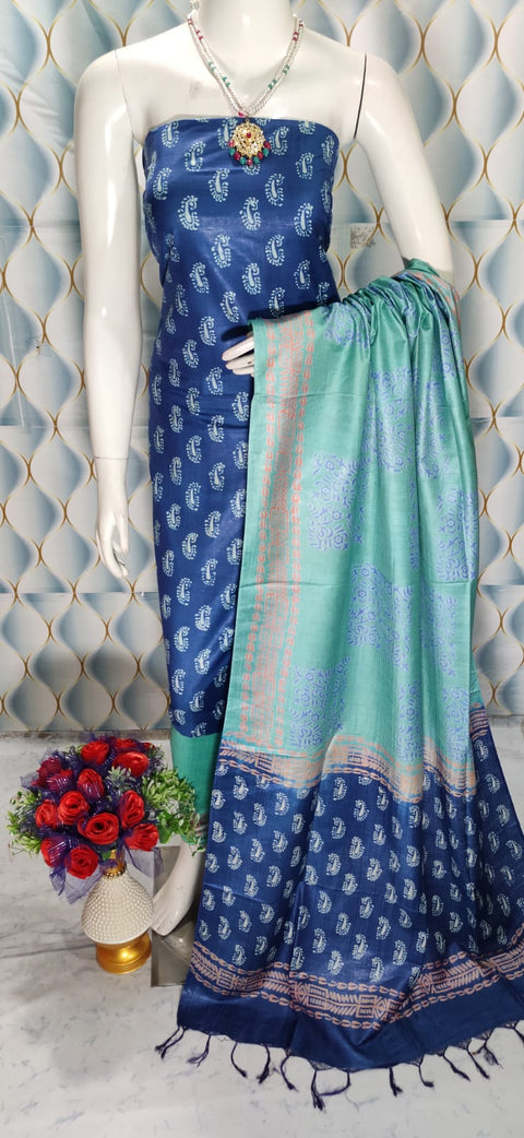 Cotton Silk Blend Dress Material with Printed Design - Dark Blue color