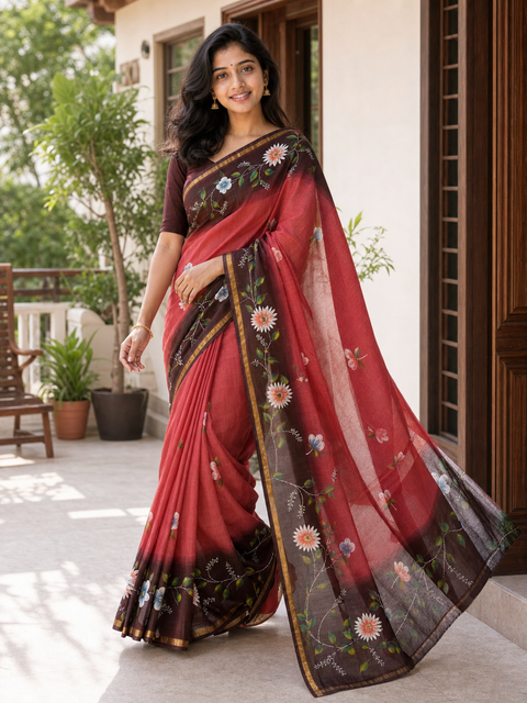 Kota Pure Cotton Painted Saree - Red & Brown Color
