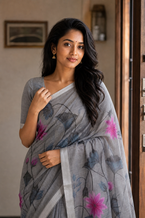 Hand Painted Kota Linen Saree - Grey Color