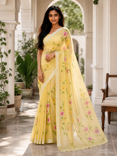 Kota Linen Hand Painted Saree - Yellow Color