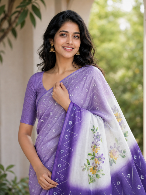 Kota Cotton Hand Painted Saree - Purple Color