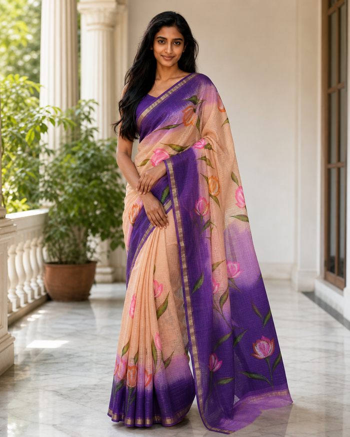 Pure Cotton Kota Doria Hand Painted Saree - Peach & Purple Color