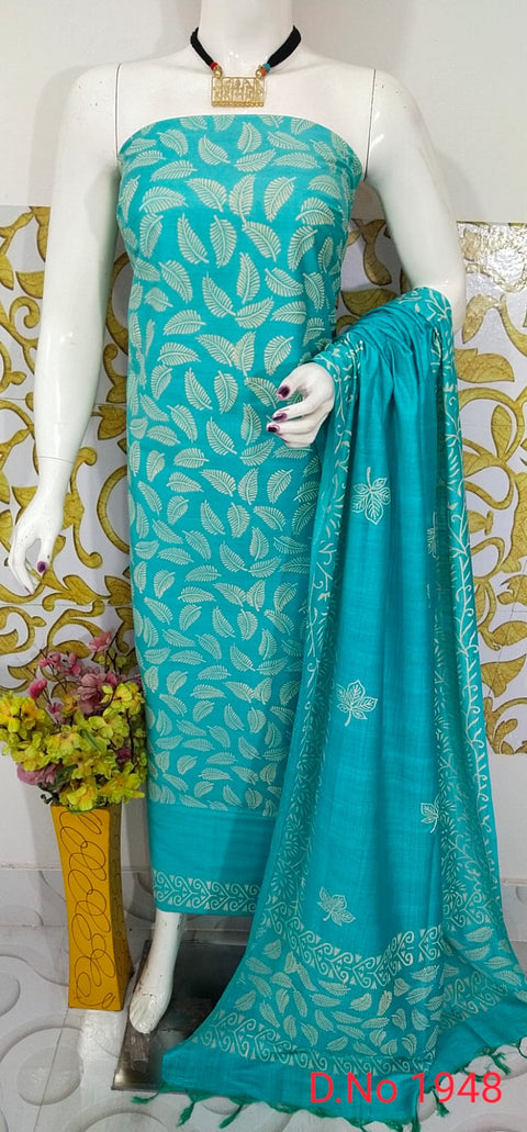 Rubber Printed Katan Staple Dress Material - Sky Blue Color