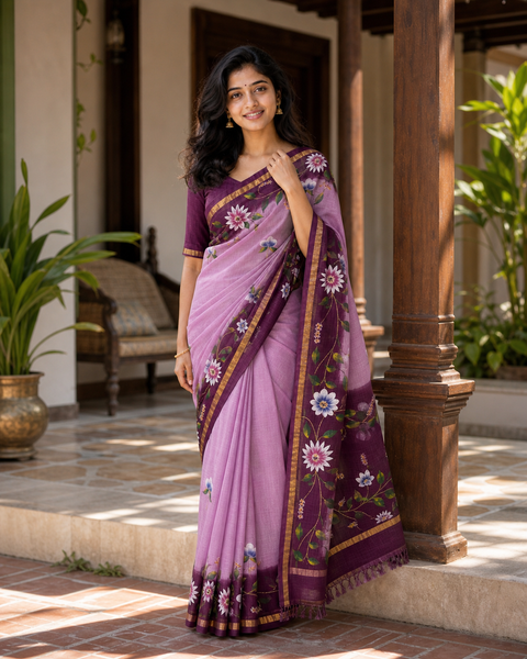 Kota Pure Cotton Painted Saree - Wine & Pink Color