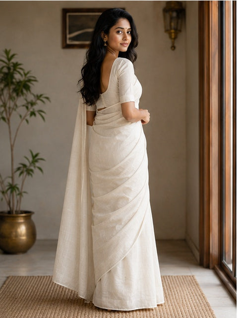 Kota Cotton Plain Saree - Off White Color