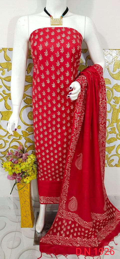 Katan Staple Rubber Printed Dress Material - Red Color