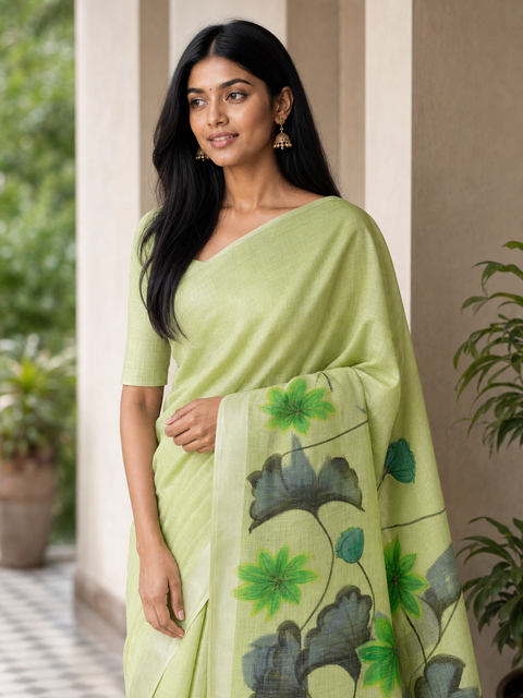 Hand Painted Kota Linen Saree - Pista Green Color