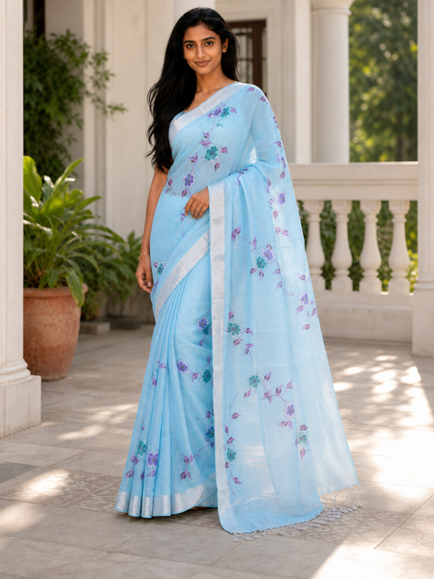 Kota Linen Hand Painted Saree - Blue Color