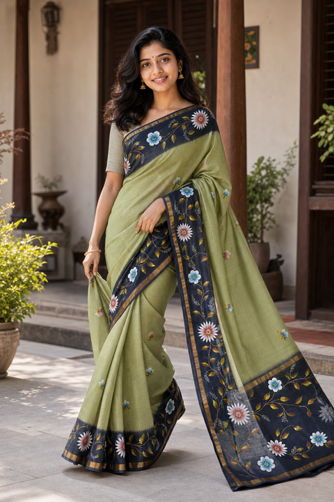 Kota Pure Cotton Painted Saree - Navy Blue & Pista Green Color