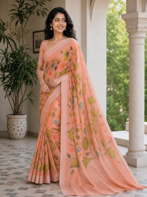 Hand Painted Kota Linen Saree - Peach Color
