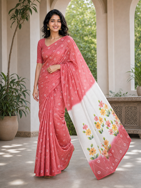 Kota Cotton Hand Painted Saree - Red Color