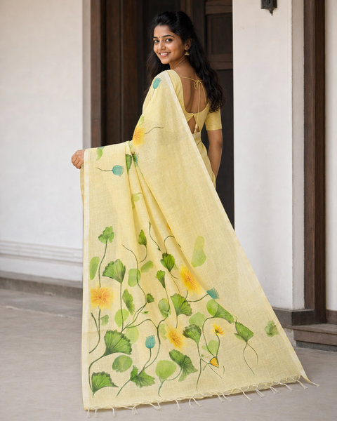 Hand Painted Kota Linen Saree - Yellow Color