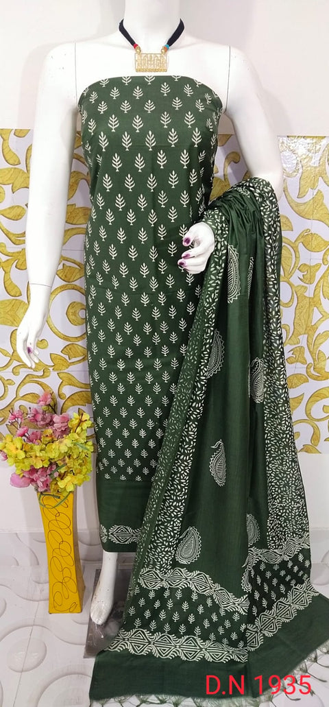 Rubber Printed Katan Staple Silk Dress Piece - Green Color