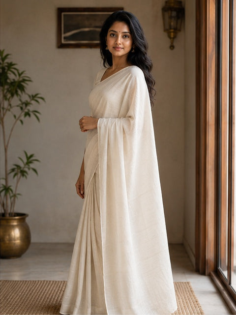 Kota Cotton Plain Saree - Off White Color