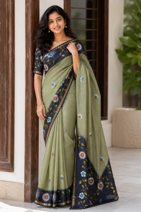 Kota Pure Cotton Painted Saree - Navy Blue & Pista Green Color