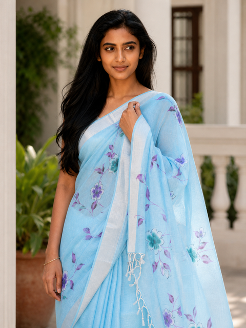 Kota Linen Hand Painted Saree - Blue Color