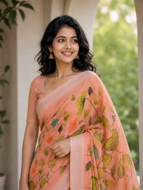 Hand Painted Kota Linen Saree - Peach Color