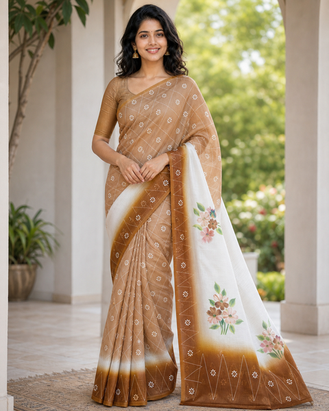 Kota Cotton Hand Painted Saree - Brown Color