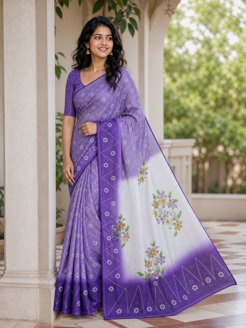 Kota Cotton Hand Painted Saree - Purple Color
