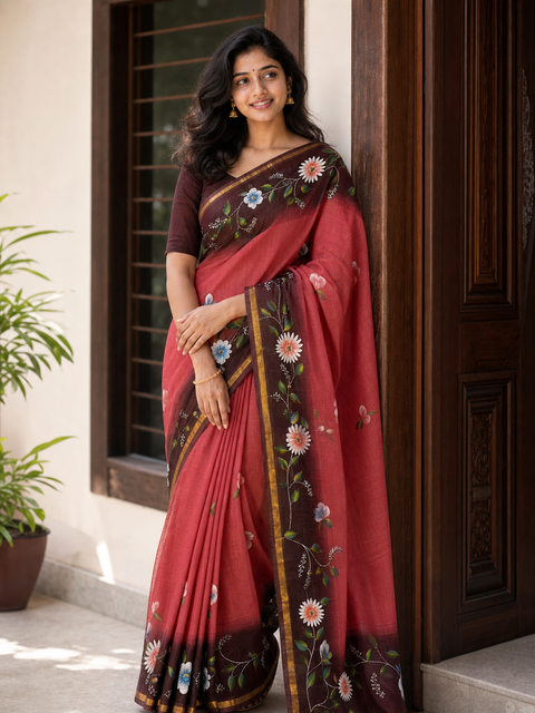 Kota Pure Cotton Painted Saree - Red & Brown Color