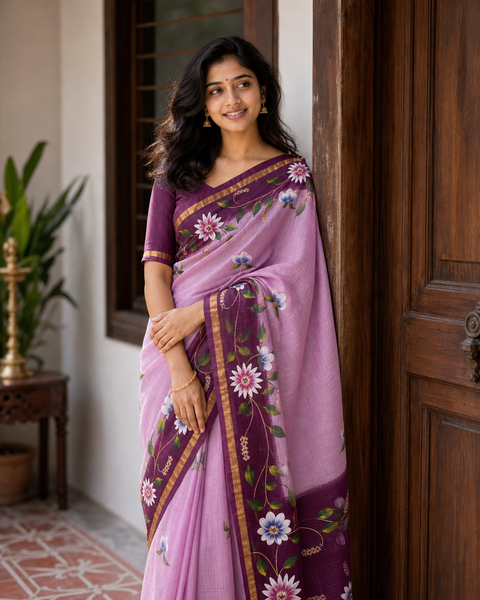 Kota Pure Cotton Painted Saree - Wine & Pink Color