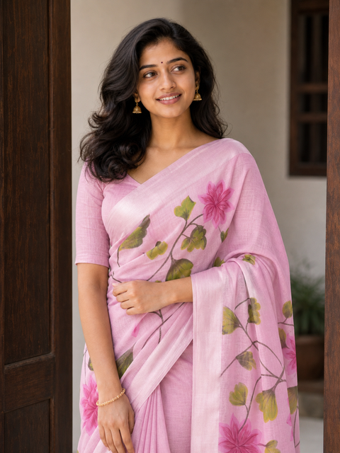 Hand Painted Kota Linen Saree - Pink Color