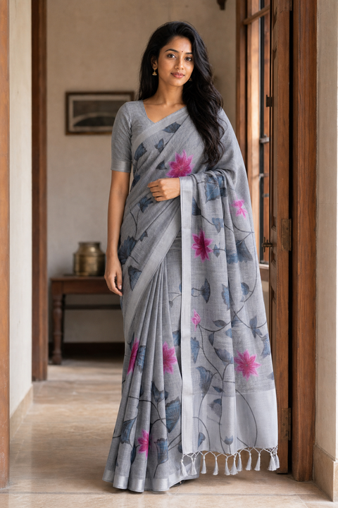 Hand Painted Kota Linen Saree - Grey Color