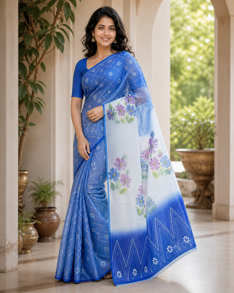 Kota Cotton Hand Painted Saree - Navy Blue Color